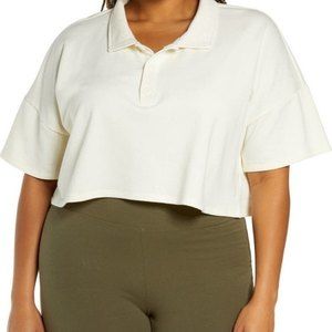 NWT BP. Ivory Solid French Terry Crop Top Short Sleeve Button Up Polo 3X